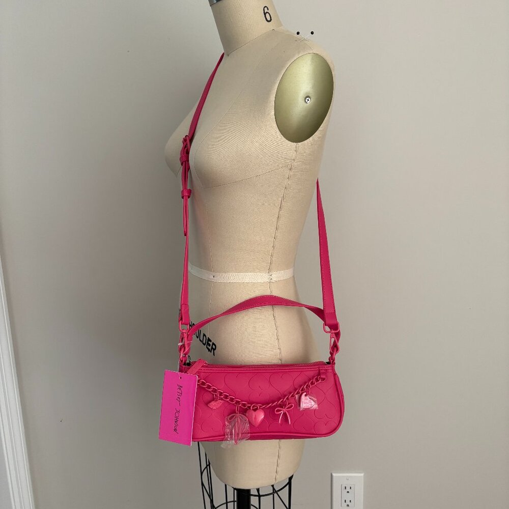 Betsey Johnson Fushia Baguette Bow Charm Shoulder Crossbody Bag Heart Barbiecore
